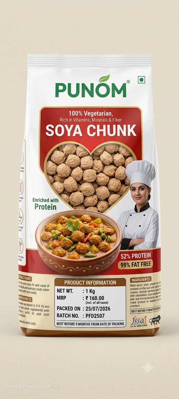 PUNOM Soya Chunks 1kg | High Protein, 100% Vegetarian Soya Nuggets