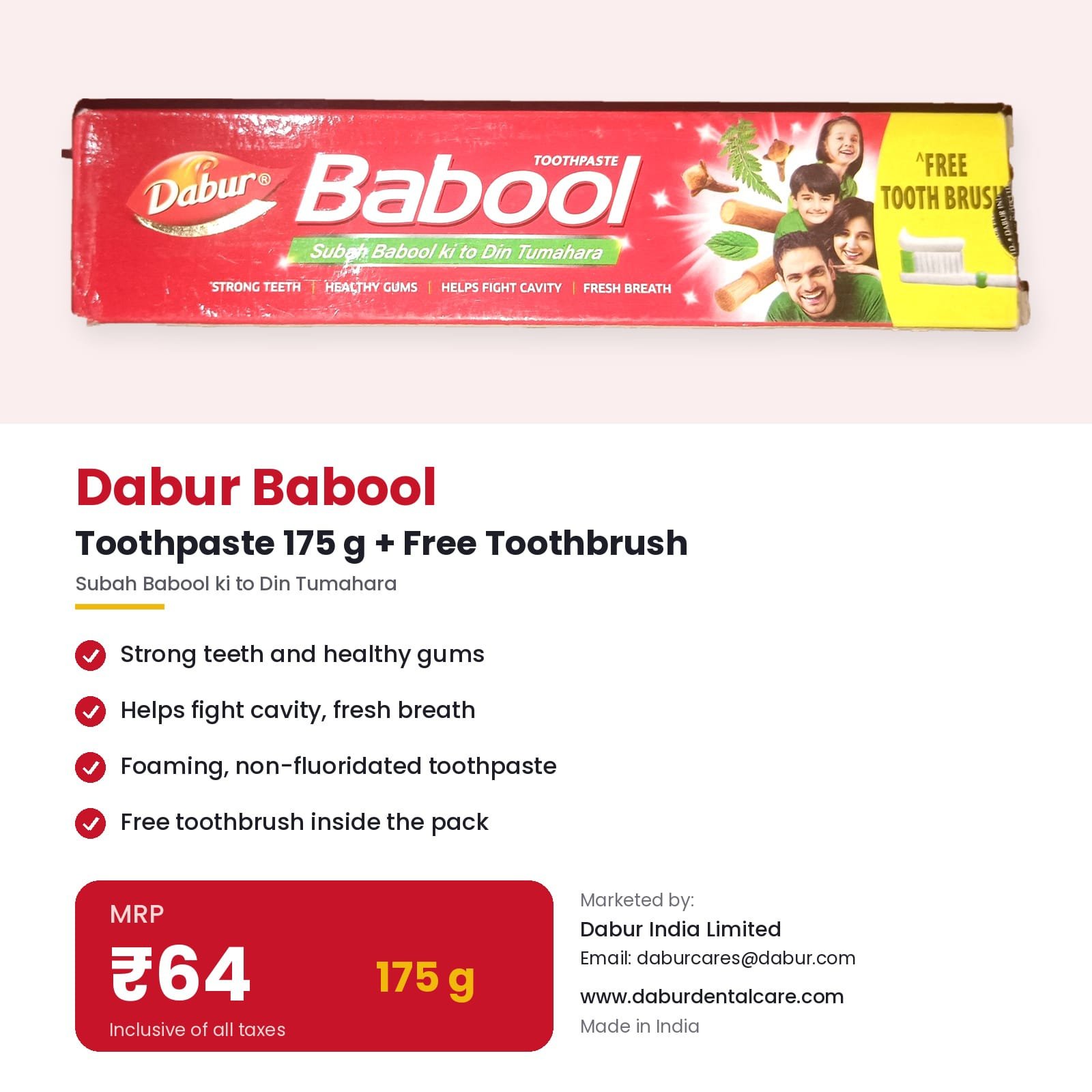 Dabur Babool Toothpaste 175g with Free Toothbrush