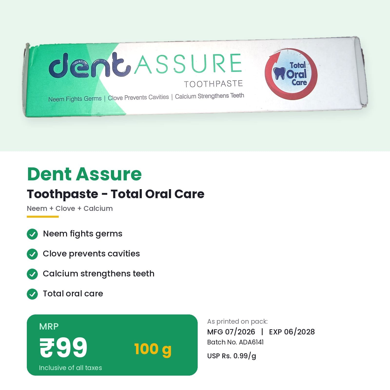 Dent Assure Toothpaste 100g – Total Oral Care with Neem, Clove & Calcium