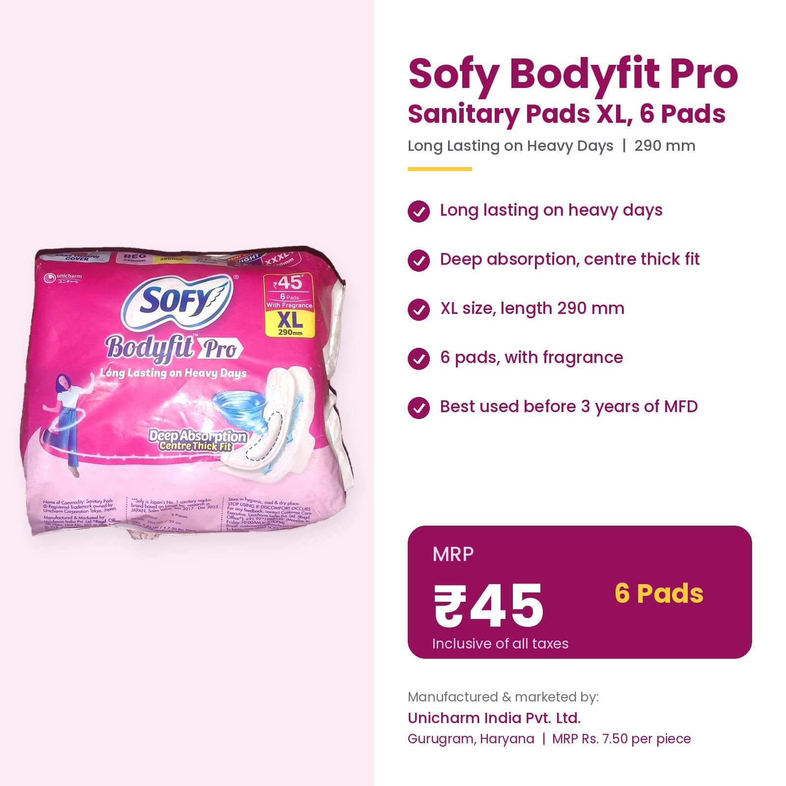 Sofy Bodyfit Pro XL Sanitary Pads 290mm, 6 Pads with Fragrance