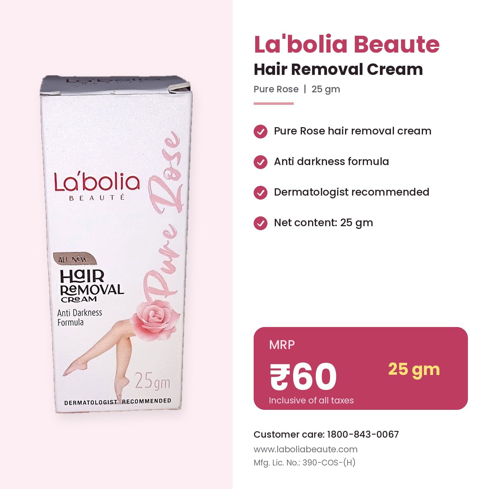 La'bolia Beauté Pure Rose Hair Removal Cream 25g – Anti Darkness Formula