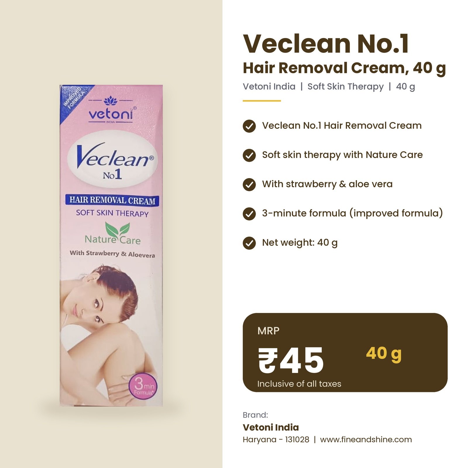 Veclean No.1 Hair Removal Cream 40g with Strawberry & Aloe Vera