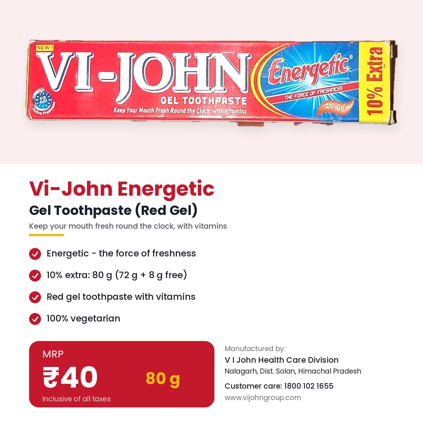 Vi-John Energetic Red Gel Toothpaste 80g – 10% Extra Pack
