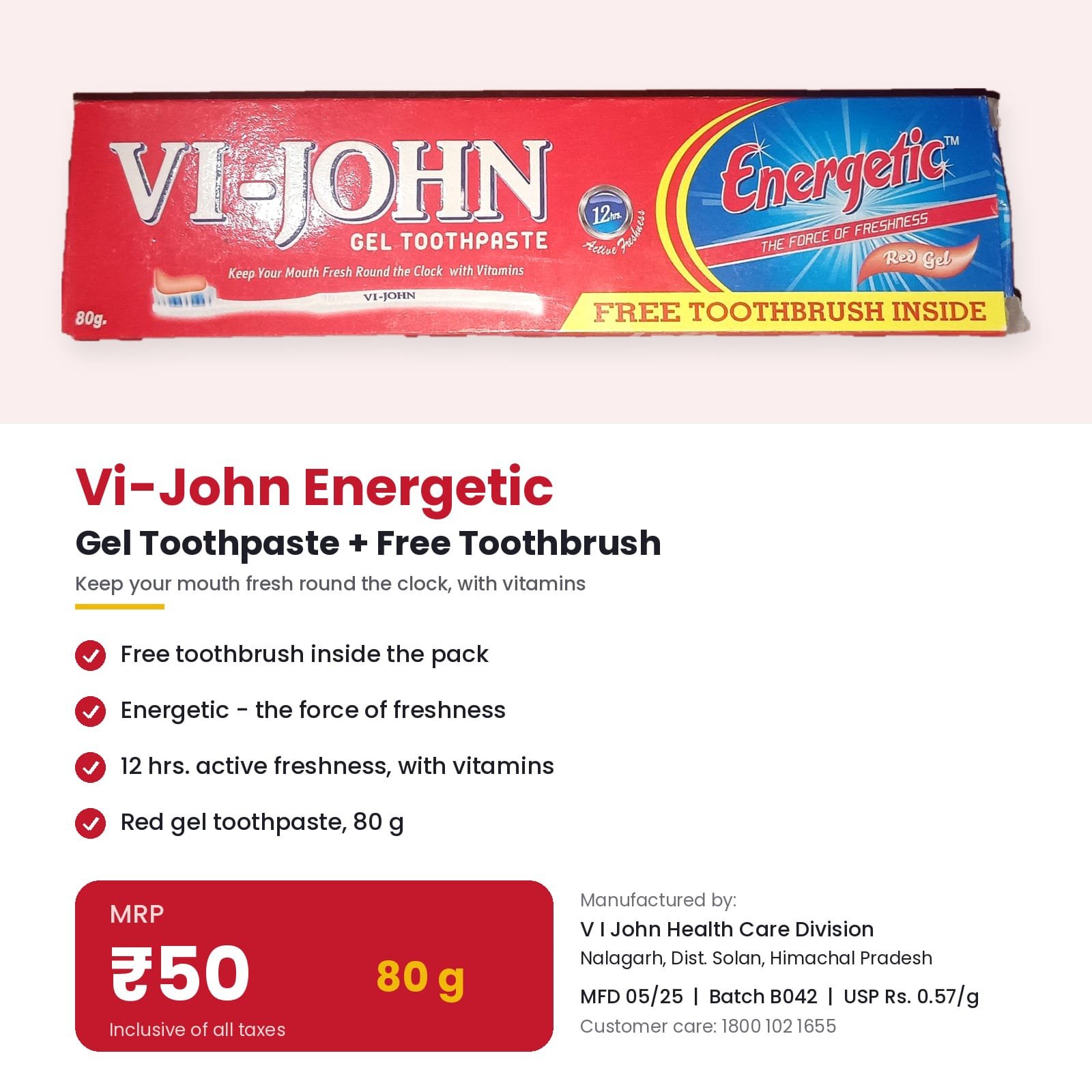 Vi-John Energetic Red Gel Toothpaste 80g with Free Toothbrush