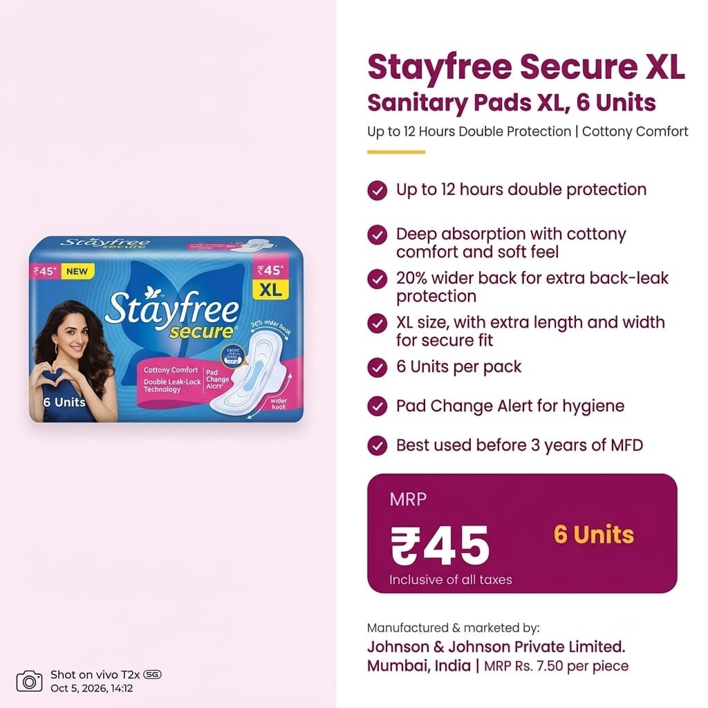 Stayfree Secure XL Sanitary Pads, 6 Units | Up to 12 Hours Double Protection