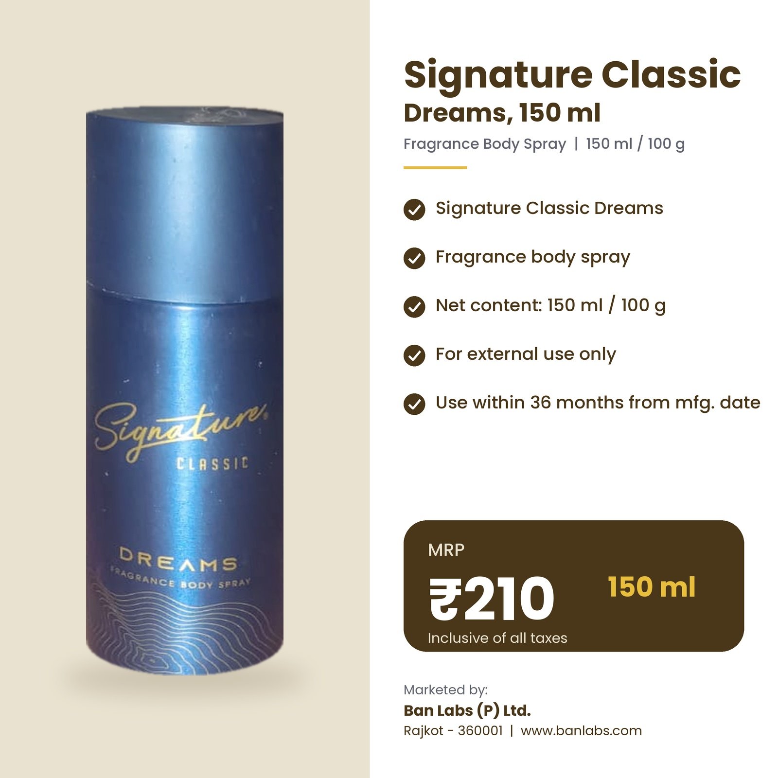 Signature Classic Dreams Fragrance Body Spray 150 ml | Long-Lasting Perfume Spray